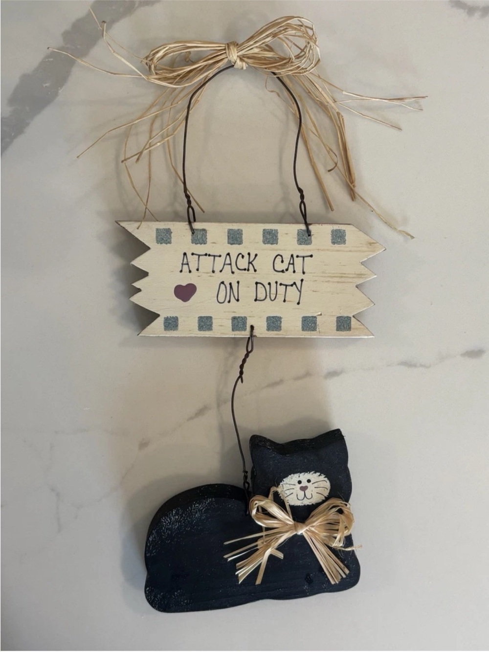 Vintage Hand Made Attack Cat on Duty Ornament Cottagecore Decor Heart Wood Wire